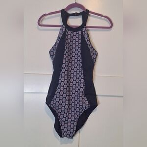 Fit 4U Size 12 One Piece Swimsuit High Neck Navy Blue Pink Medallions